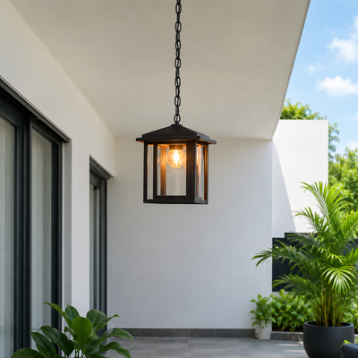 Classic black metal hanging lantern pendant light with clear glass for villa entryway porch patio outdoor ceiling decoration.