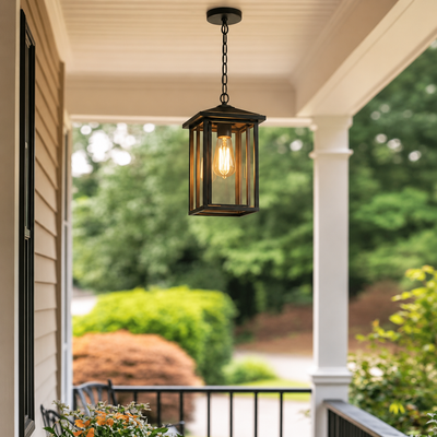 Modern black metal rectangular grid cage hanging lantern pendant light from white porch ceiling for farmhouse patio decor.