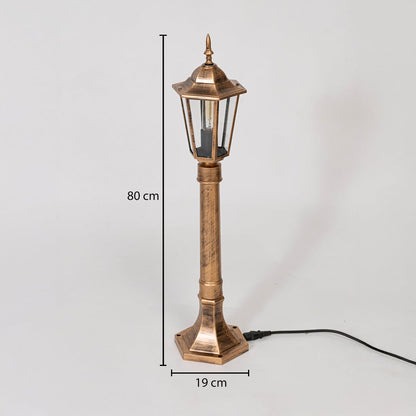 Pillar lamp post dimension image showing height 80 cm and width 19 cm with antique gold body and clear glass shade.