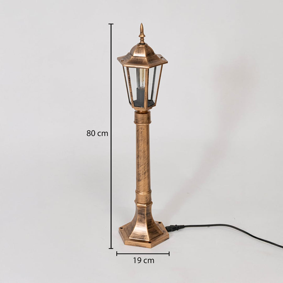 Pillar lamp post dimension image showing height 80 cm and width 19 cm with antique gold body and clear glass shade.