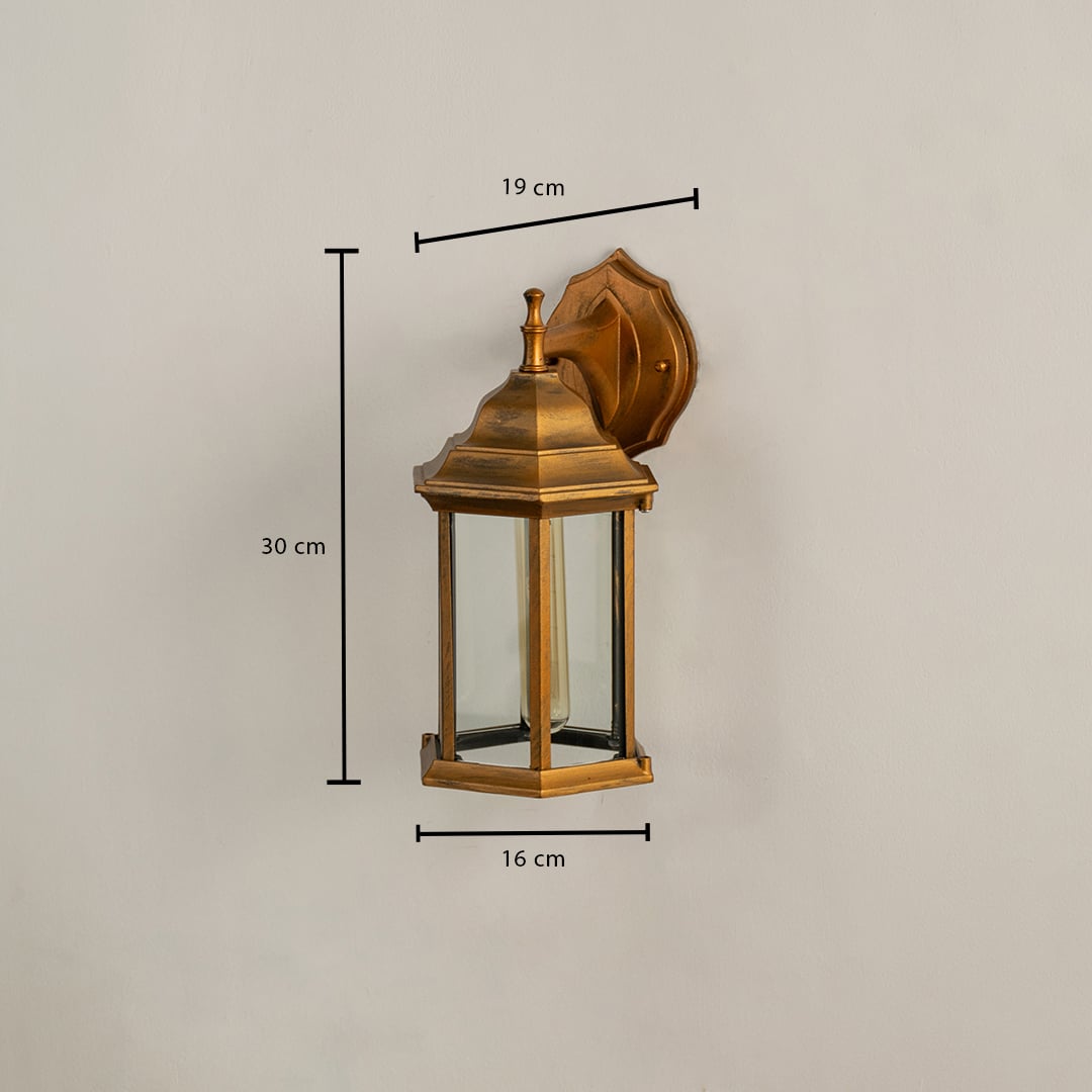 Antique brass outdoor wall lantern dimension image with 35 cm height and clear glass panels for patio path decor.