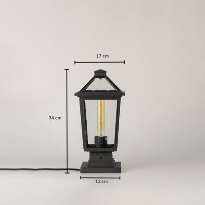 Black outdoor lantern light Dimensions Image 34 cm height by 17 cm top width by 15 cm base width.
