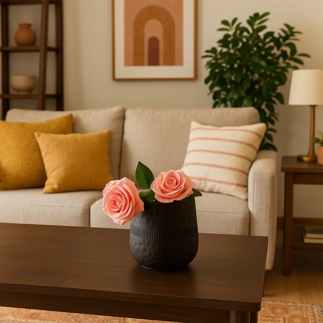 Small black textured pot with matte finish styled in a warm modern home setting adding bold minimal decor to tables and shelves.