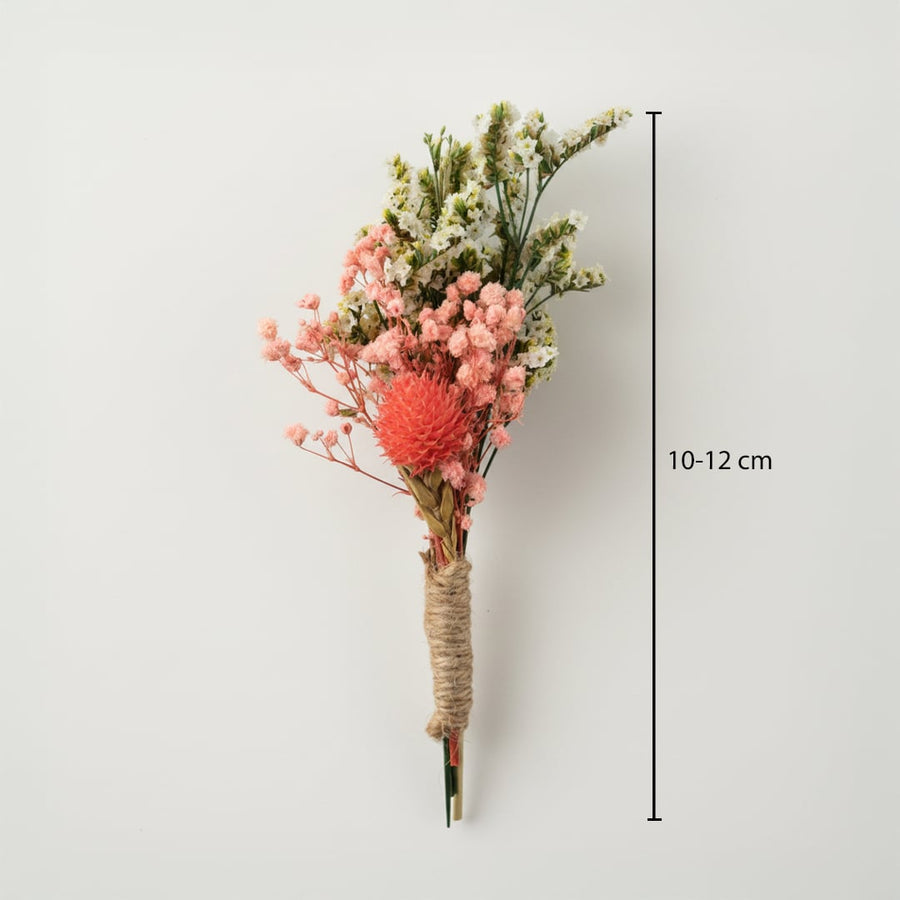 Dried flower bouquet with coral and green tones showing height 10 to 12 cm perfect for tabletop vase and soft Decor accents.