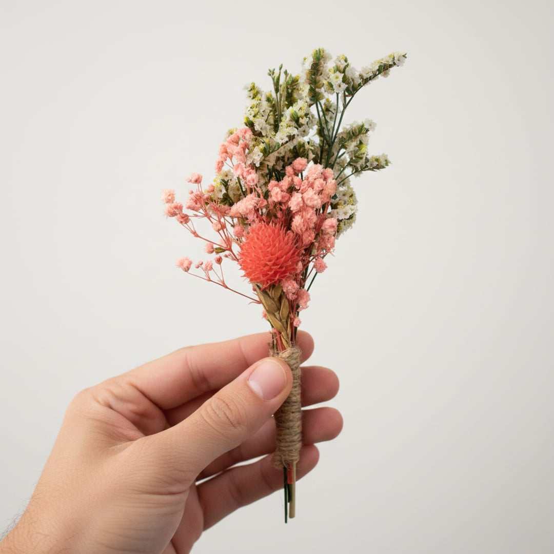 Artificial dried flower stem with green foliage and coral accents designed for vase Decor shelf styling and home interiors.
