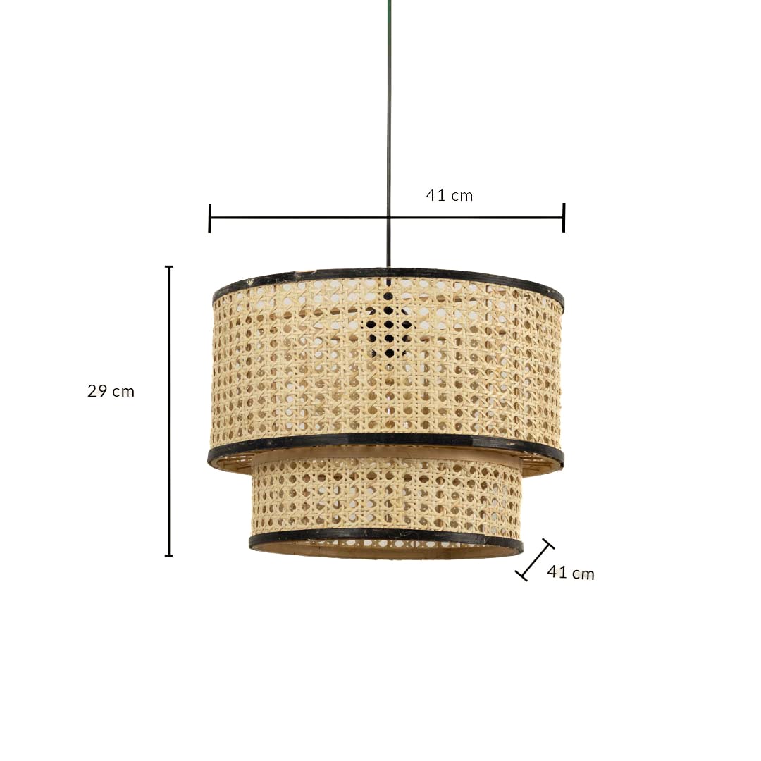 Dimension image of tiered cane webbing drum pendant light with black metal trim showing 29 cm height and 41 cm width.