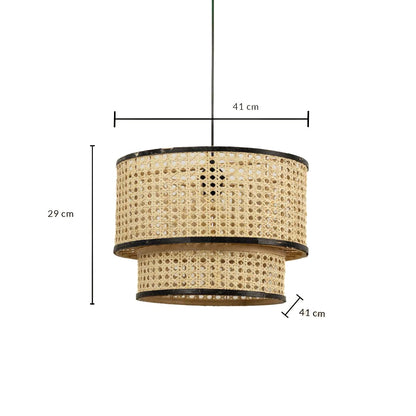 Dimension image of tiered cane webbing drum pendant light with black metal trim showing 29 cm height and 41 cm width.