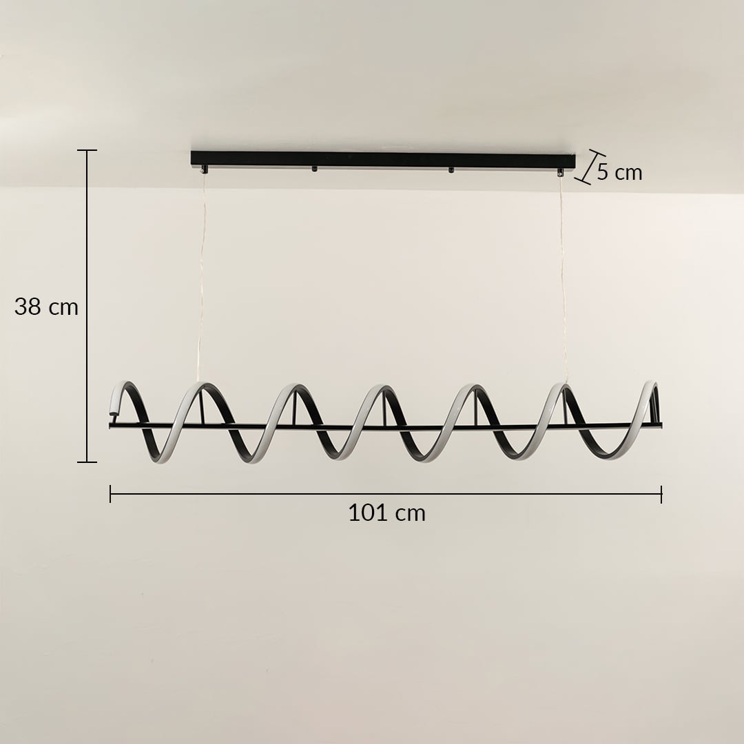 Black metal wave LED pendant light measuring 38 cm height and 101 cm width for contemporary interior lighting.
