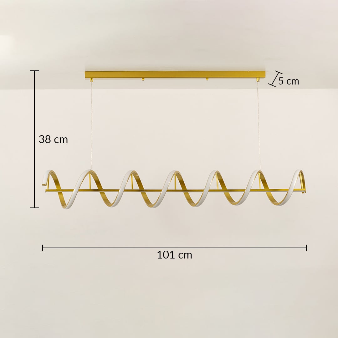 Gold wave ceiling chandelier in a front view measuring 101 cm width and 38 cm height against a white background with lights on perfect for stylish modern lighting décor.