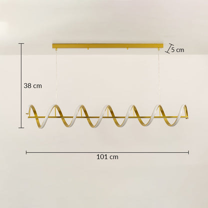 Gold wave ceiling chandelier in a front view measuring 101 cm width and 38 cm height against a white background with lights on perfect for stylish modern lighting décor.