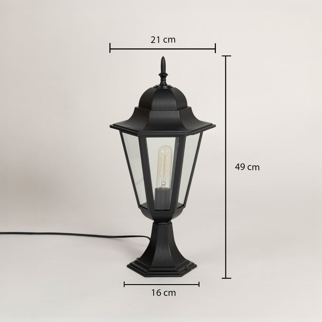 Black pillar lamp with modern design shown with dimensions height 49cm width 21cm base 16cm for outdoor gate and garden decor.