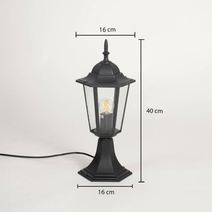 Black pillar lamp with modern design shown with dimensions height 40cm width 16cm base 16cm for outdoor garden and gate decor.