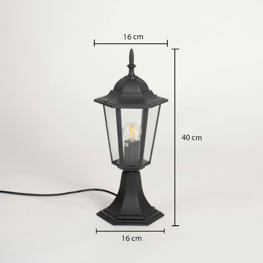 Black pillar lamp with modern design shown with dimensions height 40cm width 16cm base 16cm for outdoor garden and gate decor.