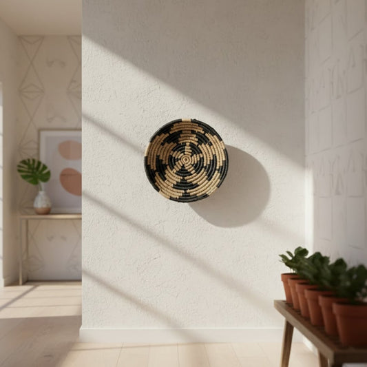 Handwoven round wall basket mounted on a textured white wall with soft sunlight shadows creating a calm natural Decor accent in a modern interior space.
