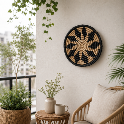 Heritage Style Handwoven Sabai Grass Hanging Wall Basket Black - Medium