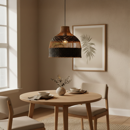 herringbone rattan pendant light black beige main lifestyle