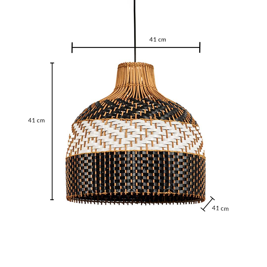 Dimension image of black white and natural brown chevron pattern rattan pendant light showing 41 cm height and 41 cm width.