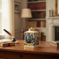 Decorative ceramic storage jar with artistic multicolor design styled on a wooden table for elegant home decor.