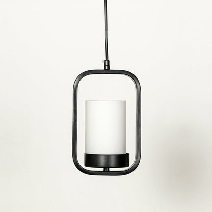 Black metal frame pendant light with white glass shade designed for stylish contemporary interiors.