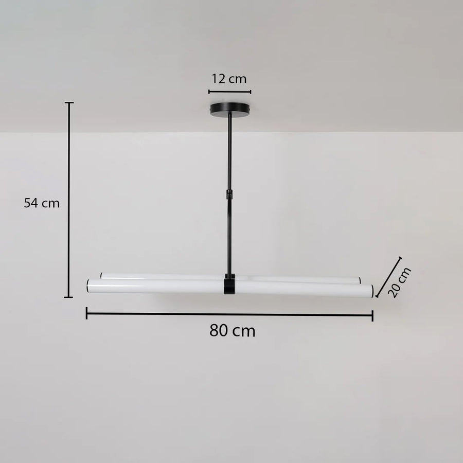 Chandelier dimension view on white background showing 80 cm width 54 cm height 20 cm depth and a 12 cm ceiling plate.
