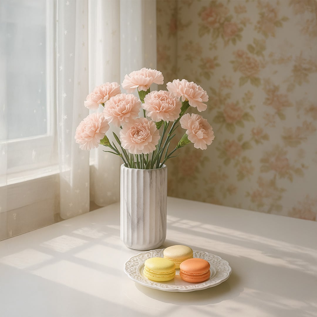 A marble textured cylindrical vase styled against a warm terracotta backdrop adding a refined modern accent to a minimal home setting.
