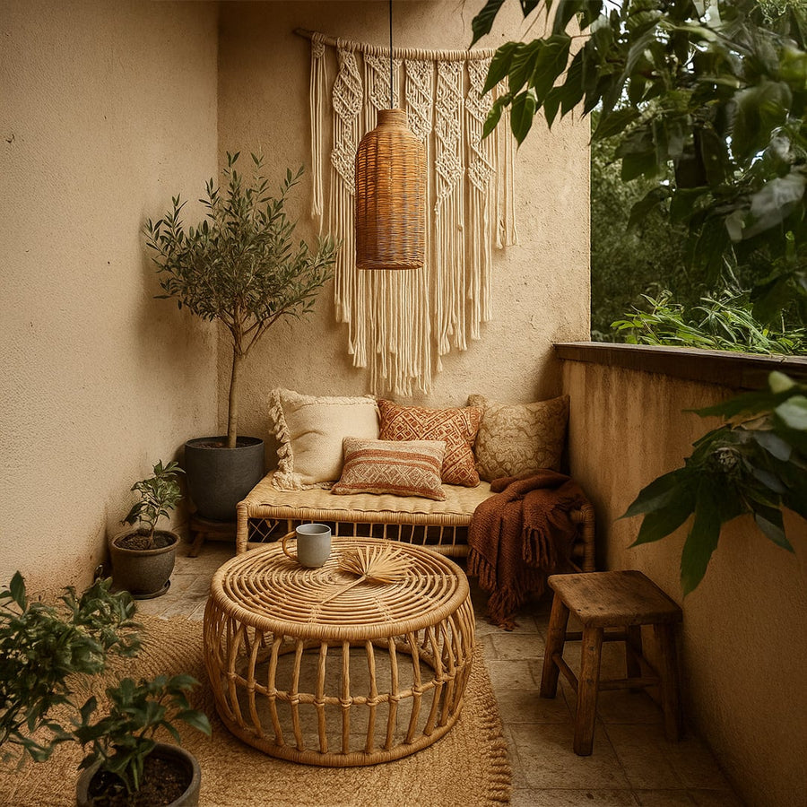 Handwoven rattan pendant light with tall bottle shaped shade styled in boho balcony with sofa macrame and decor.