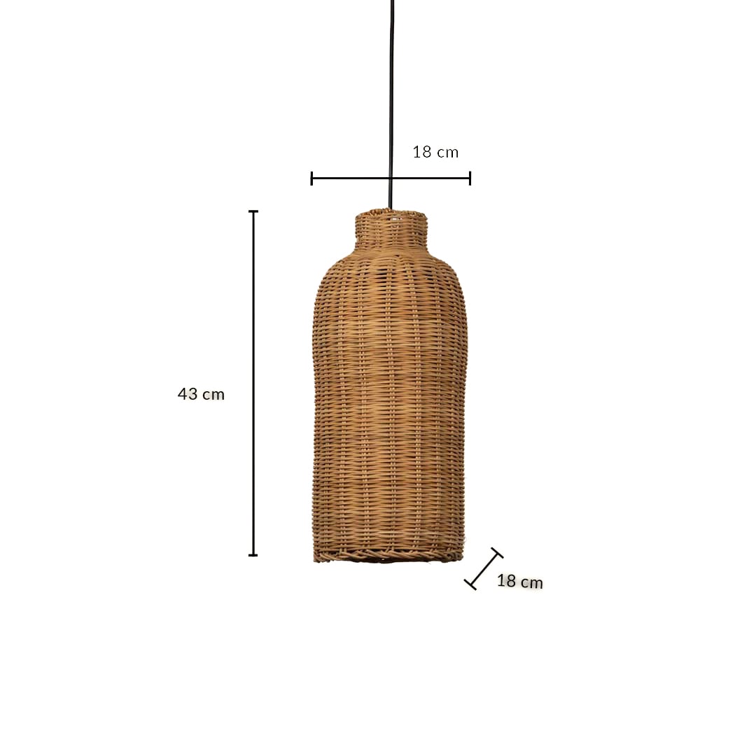 Woven rattan pendant light with tall bottle shaped wicker shade shown with 43cm height and 18cm width for interiors.