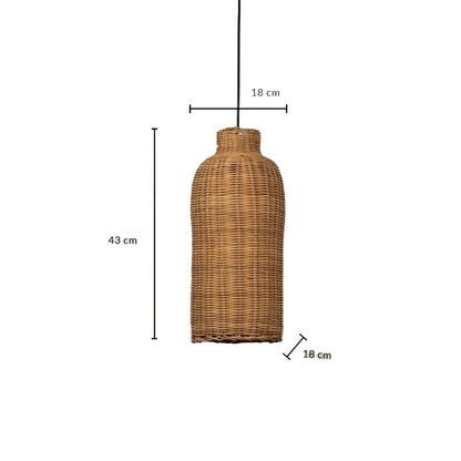 Woven rattan pendant light with tall bottle shaped wicker shade shown with 43cm height and 18cm width for interiors.