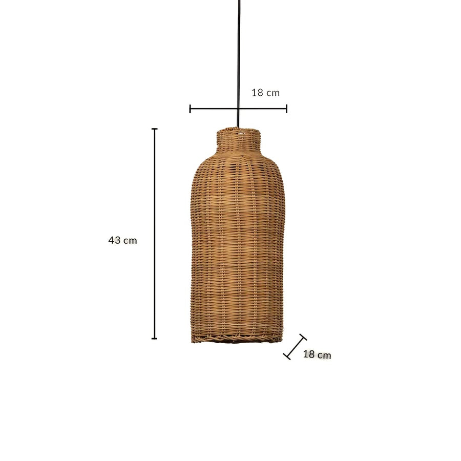 Woven rattan pendant light with tall bottle shaped wicker shade shown with 43cm height and 18cm width for interiors.