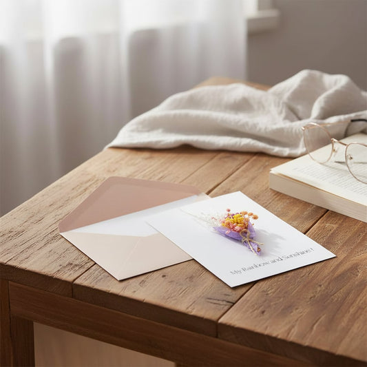A handmade greeting card featuring a mini dried flower bouquet alongside an envelope on a warm wooden dining table setup.