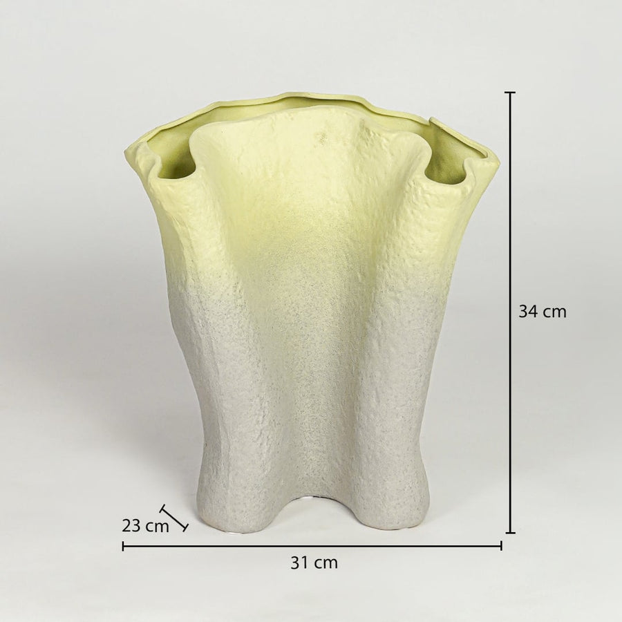 Green gradient ceramic decorative vase showing 34 cm height 31 cm width and 23 cm depth suitable for floor or console placement.