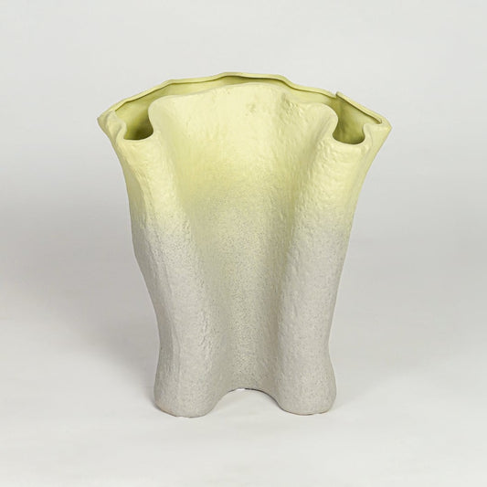 Modern green gradient ceramic statement vase with sculpted silhouette for floor decor console styling or living room display.