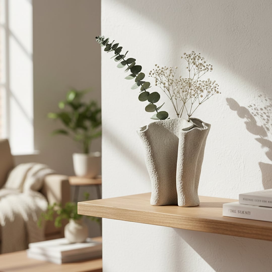 Beige textured ceramic decorative vase styled with dried stems on wooden wall shelf in bright modern living room setting.