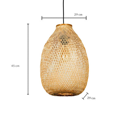 Dimension image of teardrop woven bamboo pendant light with fine wicker mesh showing 43 cm height and 29 cm width.