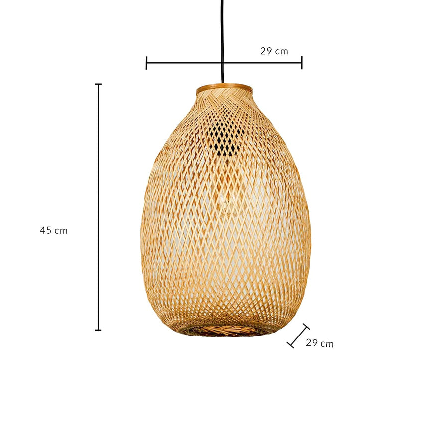Dimension image of teardrop woven bamboo pendant light with fine wicker mesh showing 43 cm height and 29 cm width.