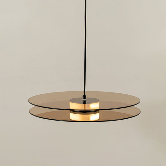 Brown wood and brass metal disc pendant light designed for stylish contemporary home decor spaces.