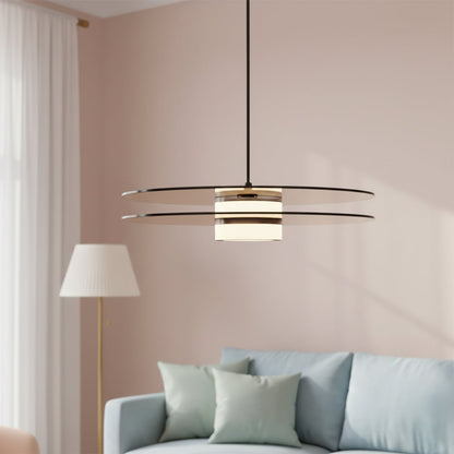 Brown wood and brass metal pendant light adding warm elegance above the sofa in modern interiors.
