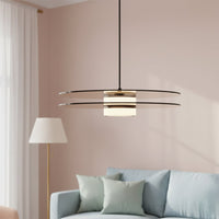 Brown wood and brass metal pendant light adding warm elegance above the sofa in modern interiors.