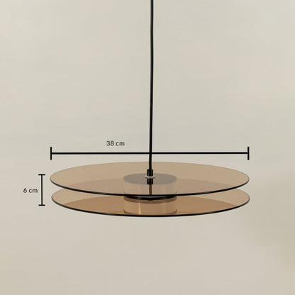 Smoky glass disc pendant light dimension image with 30 cm width and 4 cm height for modern dining placement.
