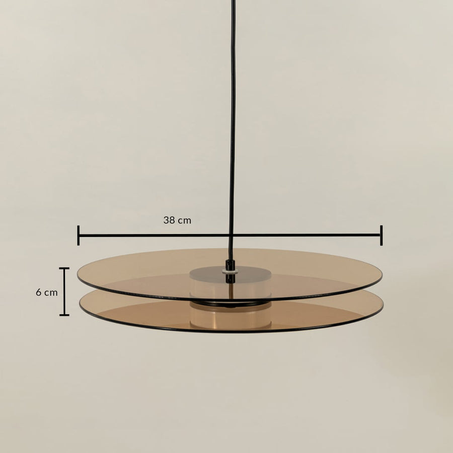 Smoky glass disc pendant light dimension image with 30 cm width and 4 cm height for modern dining placement.