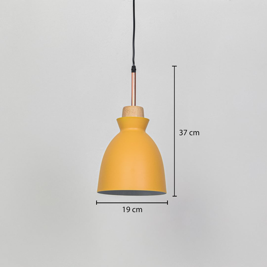 Yellow metal pendant light dimension image with 19 cm width and 37 cm height for contemporary kitchen placement.