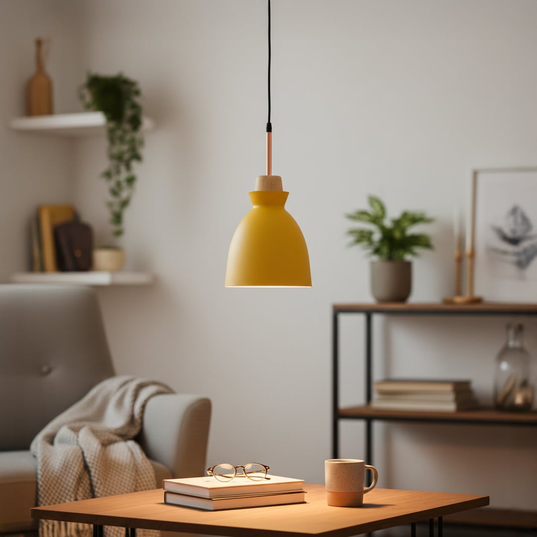 Yellow metal pendant light adding cheerful warmth above the table in cozy modern living room interiors.