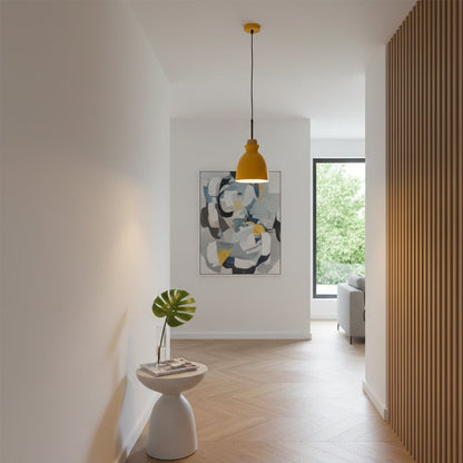 Mustard yellow metal pendant light enhancing entryway spaces with warm modern Scandinavian appeal.