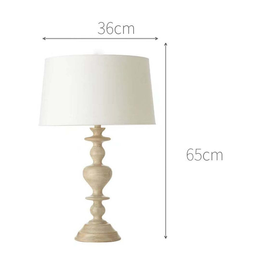 White shade beige spindle base table lamp with size 65cm height and 36cm width on white background for traditional home décor.