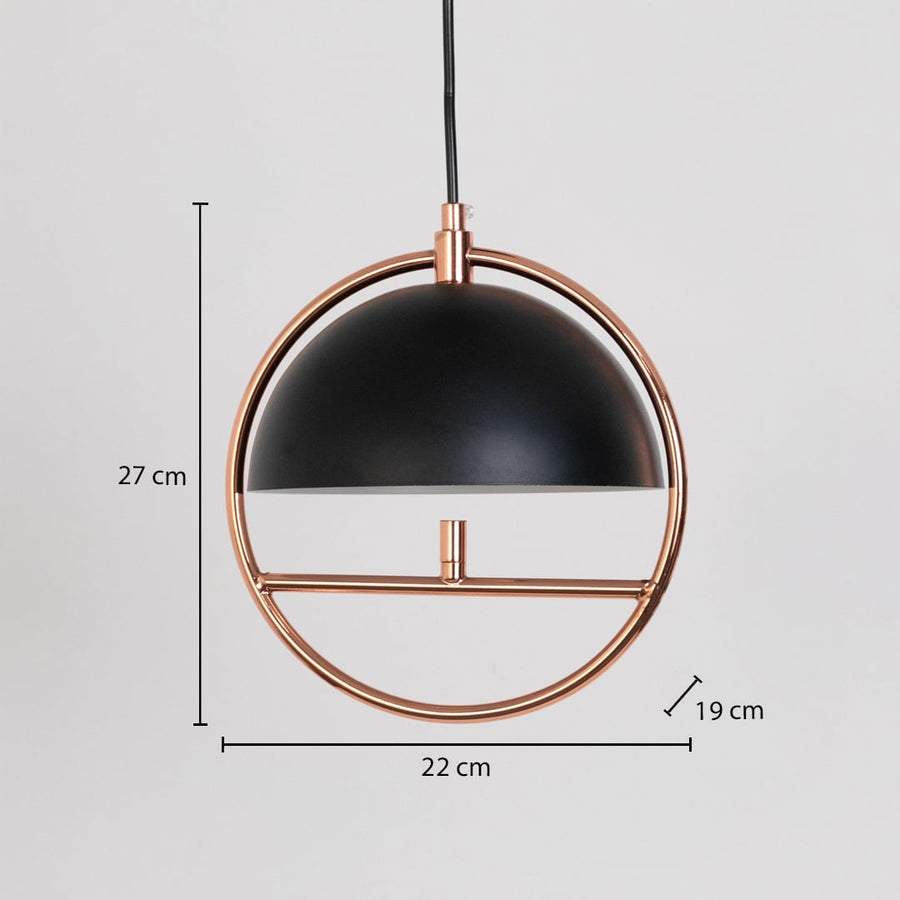 Pendant ceiling lamp with black dome shade and golden frame showing 27 cm height and 22 cm width for modern interiors.