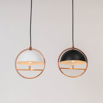Set of pendant ceiling lamps in black and white dome shades with golden frame design for modern home interior lighting.