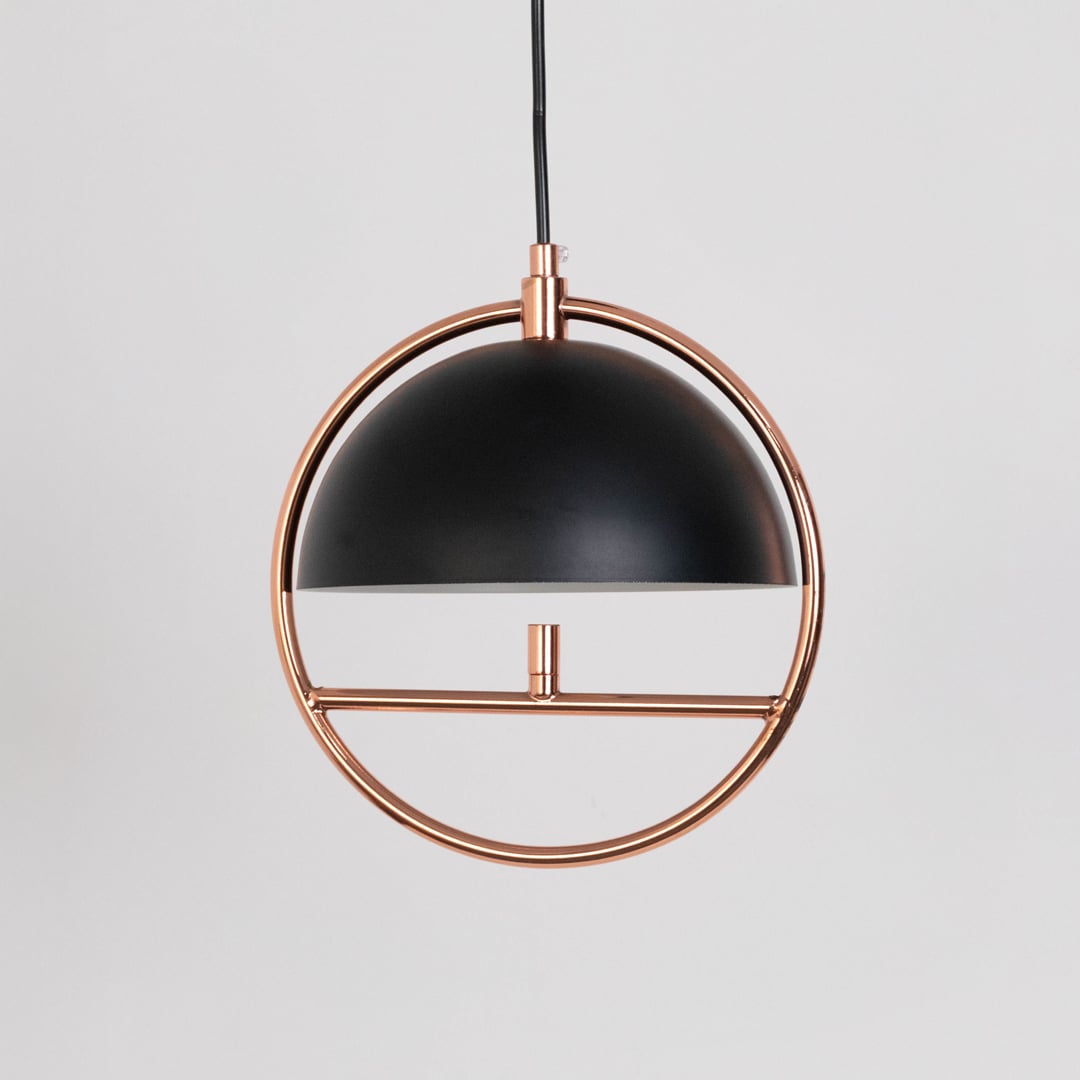 Contemporary pendant hanging lamp with matte black dome metal shade and golden circular frame for living room lighting.