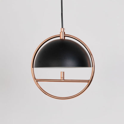 Contemporary pendant hanging lamp with matte black dome metal shade and golden circular frame for living room lighting.