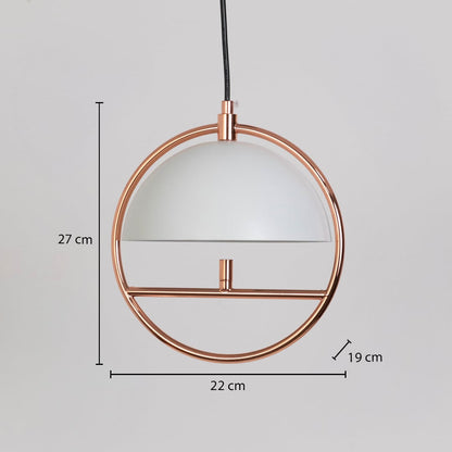 Pendant ceiling light with rose gold frame and dome shade detailed dimensions 27 cm height and 22 cm width.