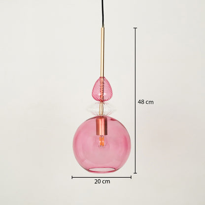 Modern pink glass pendant light measuring 44 cm height and 20 cm width displayed on white background.